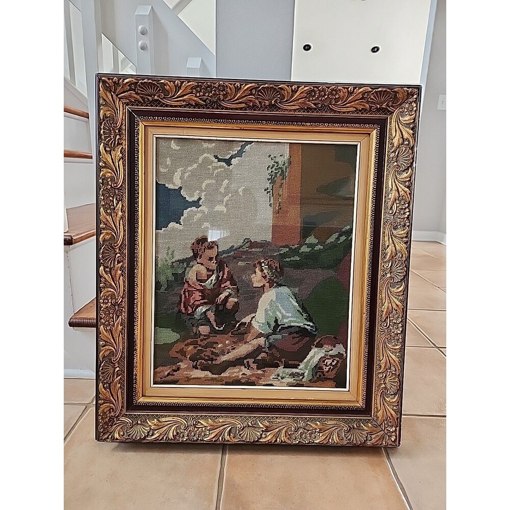 Vintage Needlepoint Picture In Frame, 29x24